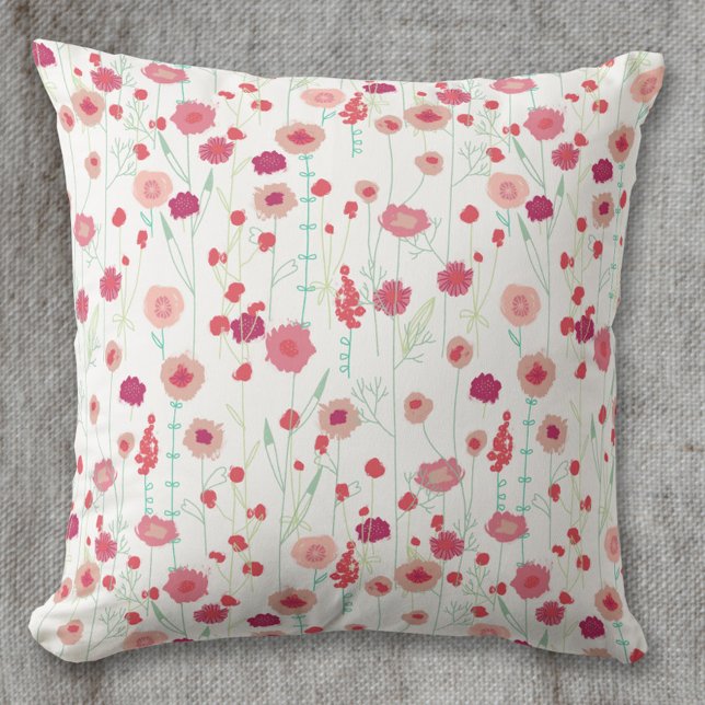 Floral Botanical Pattern Roze Kussen (Pink red and white loose floral painting art throw pillow)