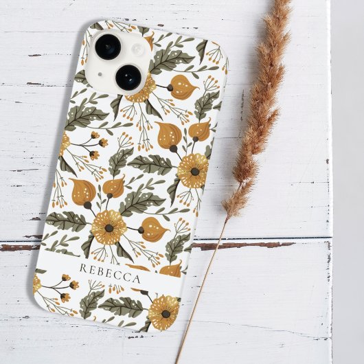 Floral Botanical Pattern White Golden Custom Name Case-Mate iPhone Case