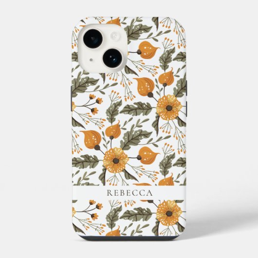 Floral Botanical Pattern White Golden Custom Name iPhone Hoesje (Achterkant)