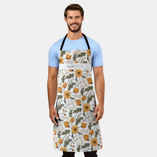 Floral Botanical Pattern White Golden Custom Name Schort (Gedragen)