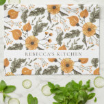 Floral Botanical Pattern White Golden Custom Name Theedoek<br><div class="desc">Modern Elegant Floral Botanical Pattern Golden White Summer Custom Name Kitchen Towel</div>