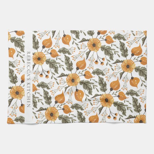 Floral Botanical Pattern White Golden Custom Name Theedoek (Horizontaal)