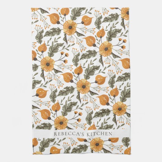 Floral Botanical Pattern White Golden Custom Name Theedoek (Verticaal)