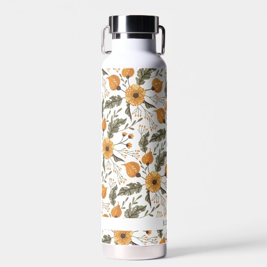 Floral Botanical Pattern White Golden Custom Name Waterfles (Voorkant)