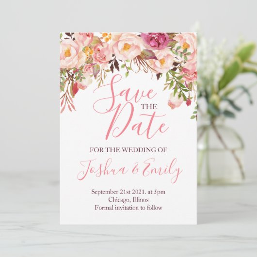 Floral Botanical Pink Peony Boho Wedding Save The Date (Staand voorkant)