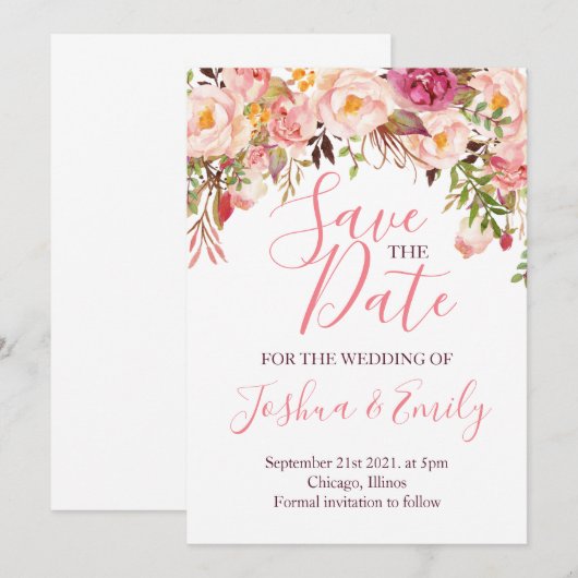 Floral Botanical Pink Peony Boho Wedding Save The Date (Voorkant / Achterkant)