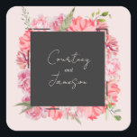 Floral Botanical Pink Wedding Square Sticker<br><div class="desc">Roze botanische vormgeving rond donkergrijs vierkant met een gebroken witte tekst.</div>