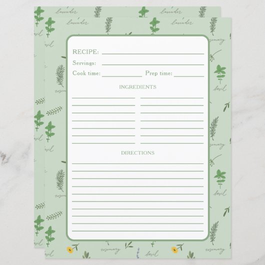 Floral Botanical Recipe Binder Page (Voorkant / Achterkant)