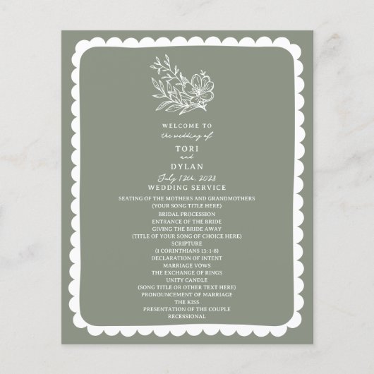 Floral Botanical Sage Green Scalloped Wedding (Voorkant)