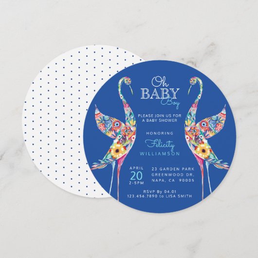 Floral Botanical Stork Baby Boy Shower Invitation Kaart (Voorkant / Achterkant)