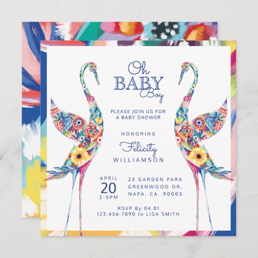 Floral Botanical Stork Baby Boy Shower Invitation Kaart (Voorkant / Achterkant)