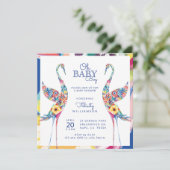 Floral Botanical Stork Baby Boy Shower Invitation Kaart (Staand voorkant)