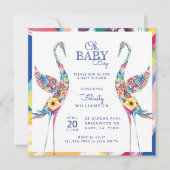 Floral Botanical Stork Baby Boy Shower Invitation Kaart (Voorkant)
