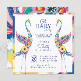 Floral Botanical Stork Baby Boy Shower Invitation Kaart