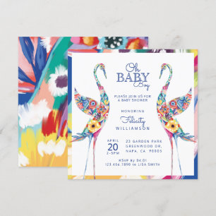 Floral Botanical Stork Baby Boy Shower Invitation Kaart