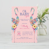 Floral Botanical Stork Baby Girl Shower Kaart (Staand voorkant)