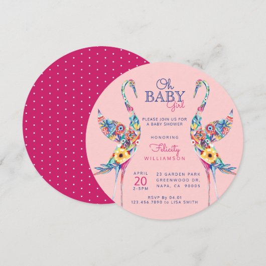 Floral Botanical Stork Baby Girl Shower Kaart (Voorkant / Achterkant)