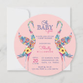 Floral Botanical Stork Baby Girl Shower Kaart (Voorkant)