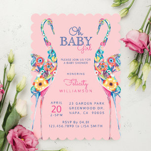 Floral Botanical Stork Baby Girl Shower Kaart