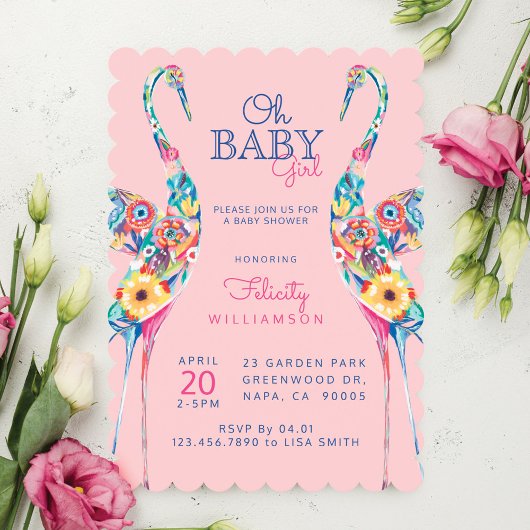 Floral Botanical Stork Baby Girl Shower Kaart
