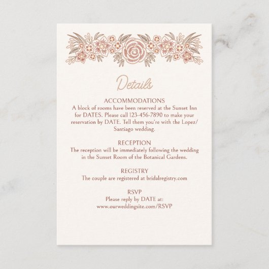 Floral Botanical Terracotta Wedding Details Informatiekaartje (Voorkant)