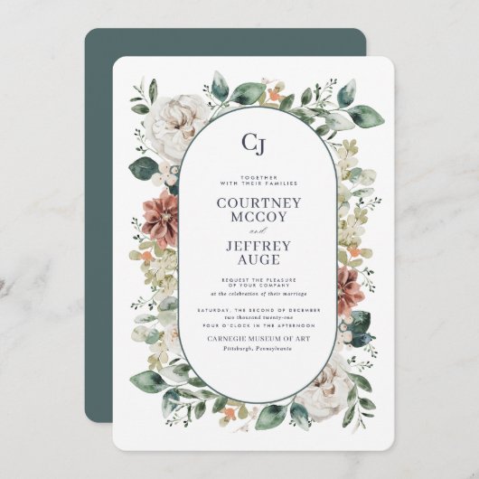 Floral Botanical Winter Wedding Invitation Kaart (Voorkant / Achterkant)