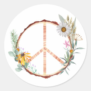 Floral Botanical Wooden Peace Sign Ronde Sticker