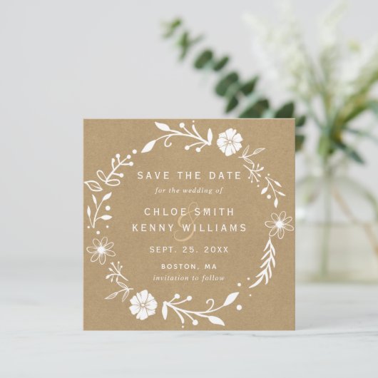 Floral Botanical Wreath Faux Kraft Square Save The Date (Staand voorkant)