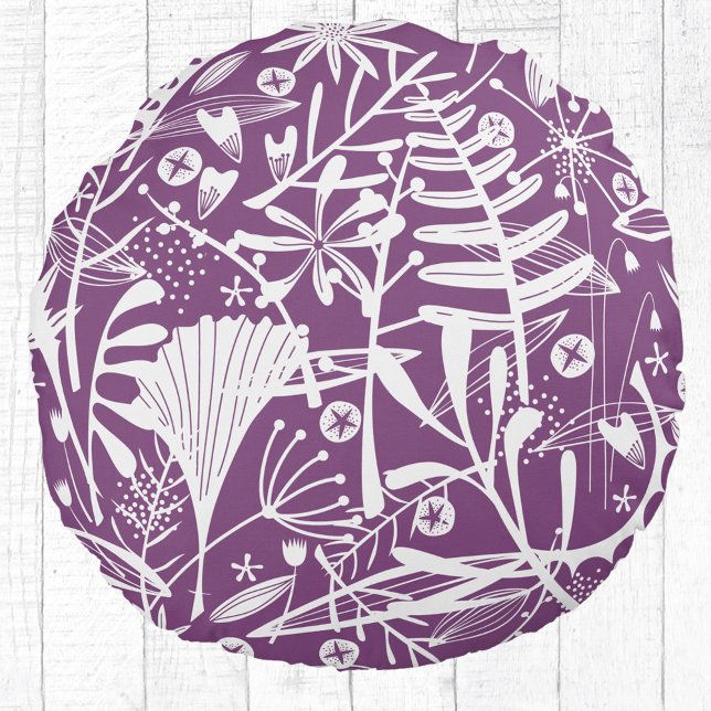 Floral Botanisch Paars Rond Kussen (Purple and white botanical silhouette round pillow)