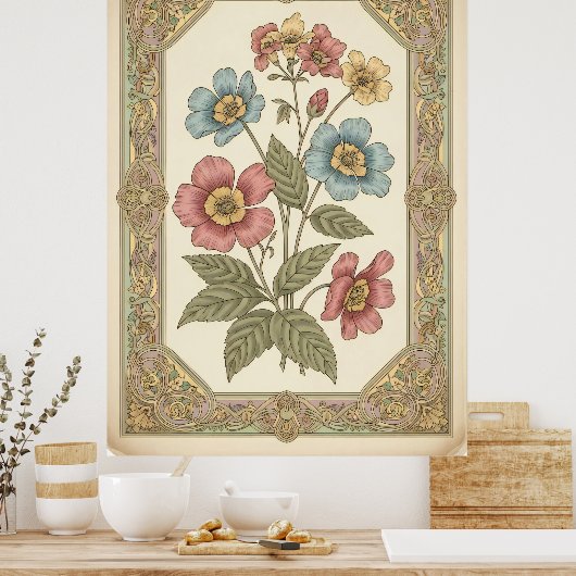  Floral Botanisch Poster in Retro Pastel (Keuken)