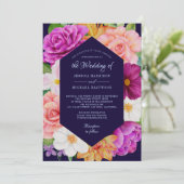 Floral botanische Paarse roze diepblauwe bruiloft Kaart (Staand voorkant)