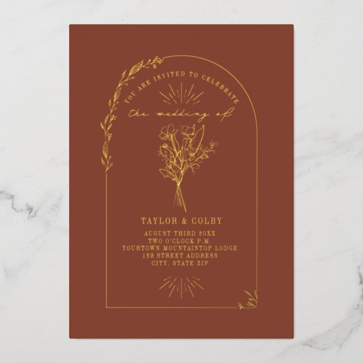 Floral Bouquet Arch Terracotta Wedding Folie Uitnodiging (Voorkant)