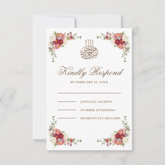  Floral Bouquet Border Islamic Wedding RSVP Kaartje (Voorkant)