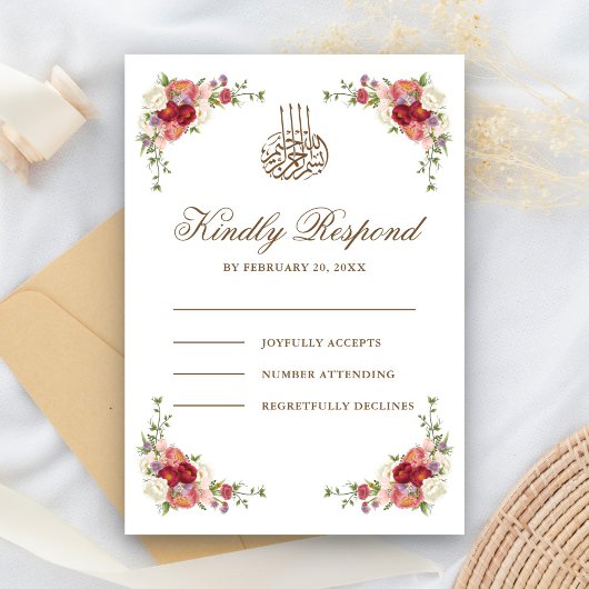  Floral Bouquet Border Islamic Wedding RSVP Kaartje