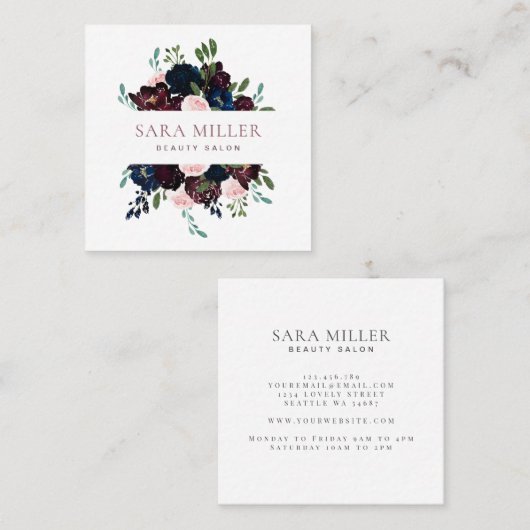 Floral Bouquet Greenery Pink Blue Burgundy Vierkante Visitekaartje (Voorkant / Achterkant)