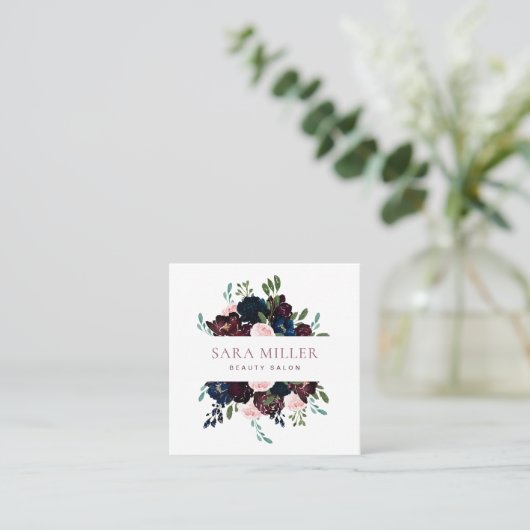 Floral Bouquet Greenery Pink Blue Burgundy Vierkante Visitekaartje (Staand voorkant)