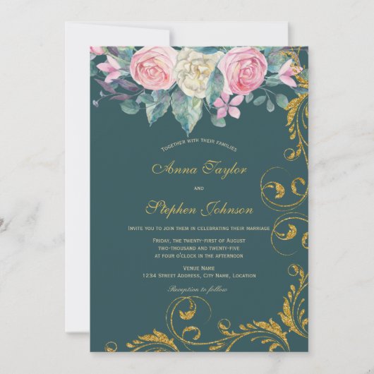 Floral Bouquet met Faux Gold Glitter Swirls Kaart (Voorkant)