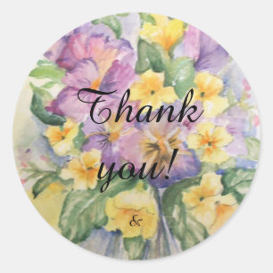 Floral bouquet met luik pansies bedankt ronde sticker
