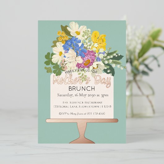 Floral Bouquet Moederdag Brunch Folie Uitnodiging (Staand Voorkant)