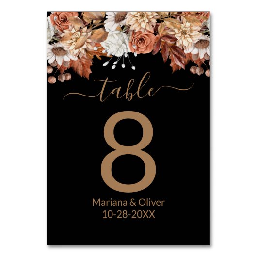 Floral Bouquet op Black Herfst Table Number Kaart (Voorkant)