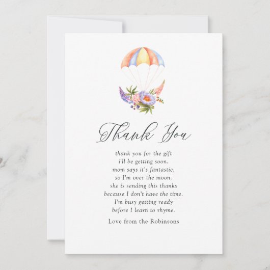 Floral Bouquet Parachute Baby shower Bedankkaart (Voorkant)