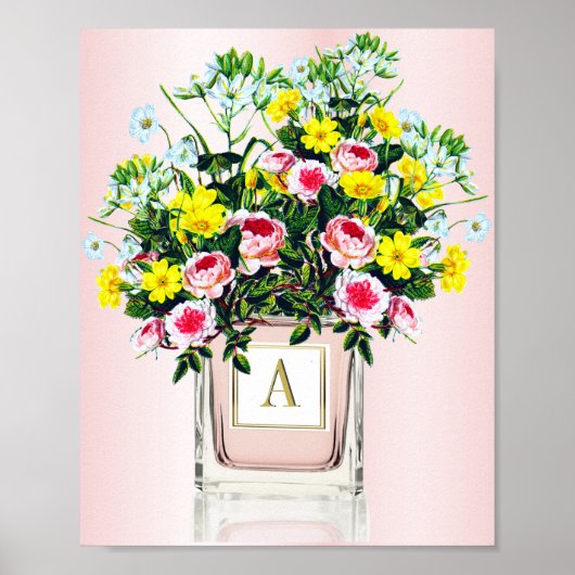 Floral Bouquet Pink Perfume Fles Monogram Poster (Voorkant)