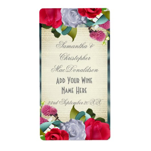 Floral bouquet romantische trouwwijn fles etiket (Voorkant)