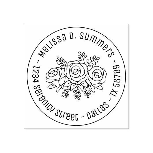 Floral Bouquet, Roos Flowers Round Address 1 Rubberstempel (Afrduk)