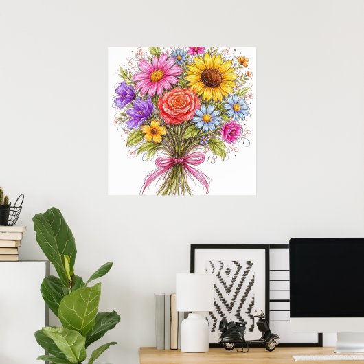 Floral Bouquet - Scribbled Style Art Poster (Thuiskantoor)