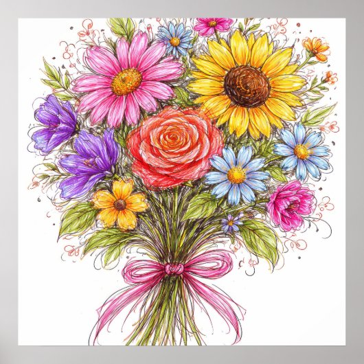 Floral Bouquet - Scribbled Style Art Poster (Voorkant)