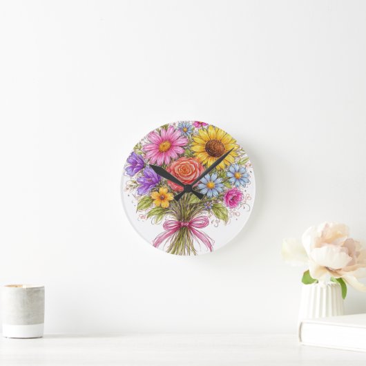 Floral Bouquet - Scribbled Style Art Ronde Klok (Huis)