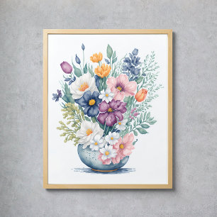 Floral Bouquet Vase Pastel Waterverf Wilde bloemen Poster