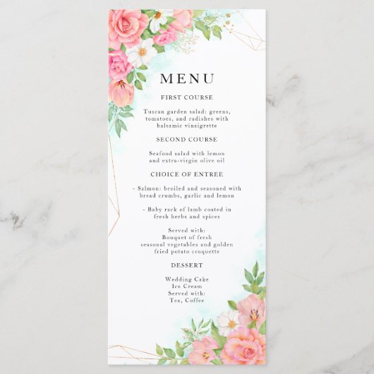 Floral Bouquet Waterverf Pink Rose Wedding Menu (Voorkant)