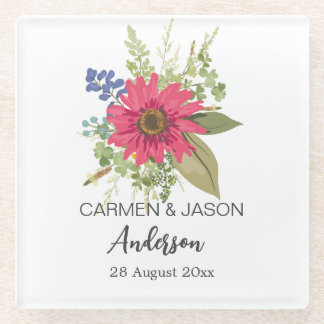  Floral Bouquet Wedding Custom Name Glazen Onderzetter